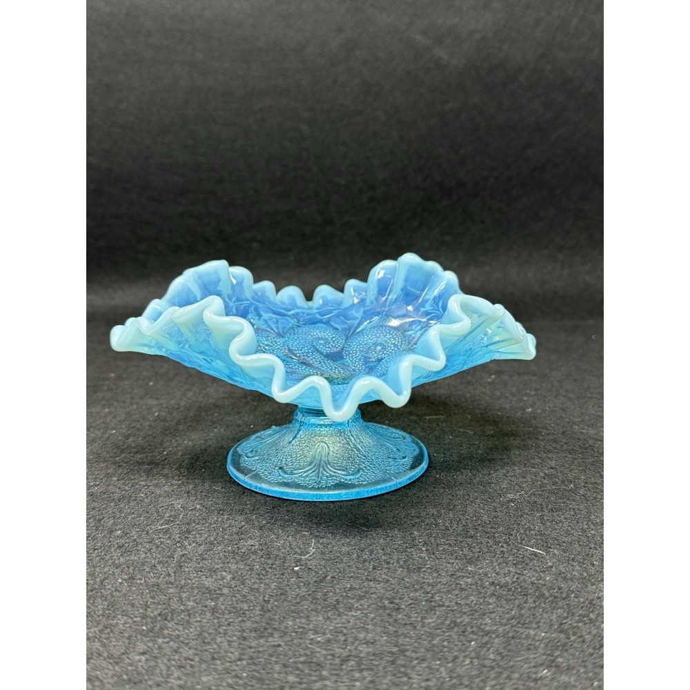 Dugan Blue Opalescent Question Marks Pedestal Bowl Carnival Glass Vintage